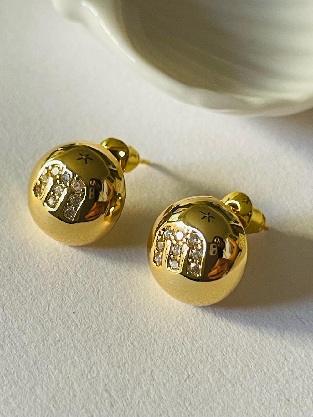 Polished Gold Crystal Accent Dome Stud Logo Earrings